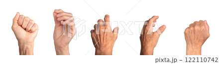 Elderly caucasian female hand reaching with wrinkled skin, palm and fingers in a grasping or 122110742