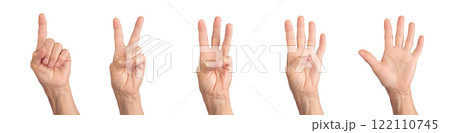Counting hand gestures. Wrinkled elderly human hand showing numbers one to five, gray skin tones, Counting hand gestures. Wrinkled elderly human hand showing numbers one to five, gray skin tones, 122110745