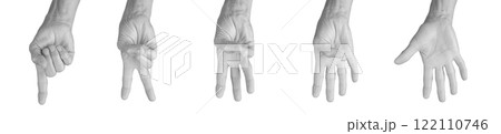 Counting fingers concept. Closeup of elderly human hand showing numbers, gesture communication, Counting fingers concept. Closeup of elderly human hand showing numbers, gesture communication, 122110746