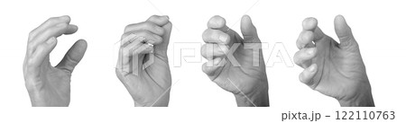 Wrinkled female hand reaching to grab, curled fingers, soft anatomy, gesture of grasping or holding, 122110763