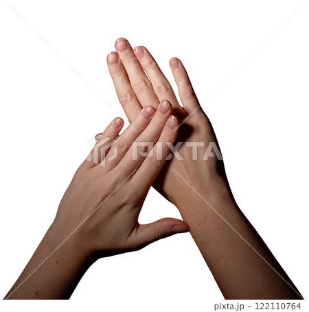 Well-groomed feminine hands with natural, glossy nails, demonstrating clean and neat japan manicure, Well-groomed feminine hands with natural, glossy nails, demonstrating clean and neat japan manicure, 122110764
