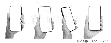 Old women hands holding smartphone screen mockup, set. Blank mobile display mock up isolated on Old women hands holding smartphone screen mockup, set. Blank mobile display mock up isolated on 122110767
