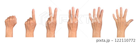 Old hand counting from zero to five, fist to open palm, wrinkled skin, gray tones, closeup of Old hand counting from zero to five, fist to open palm, wrinkled skin, gray tones, closeup of 122110772