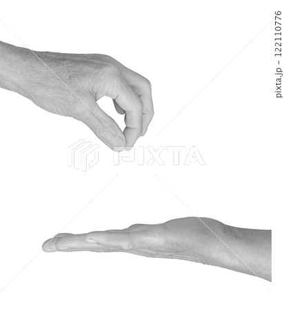 Elderly woman's hand open and reaching, palm up with fingers slightly curled, wrinkled skin in Elderly woman's hand open and reaching, palm up with fingers slightly curled, wrinkled skin in 122110776