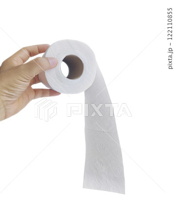 Hand Holding a Roll of Toilet Paper on white background 122110855