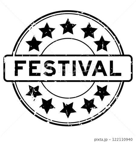 Grunge black festival word with star icon round rubber seal stamp on white background Grunge black festival word with star icon round rubber seal stamp on white background 122110940