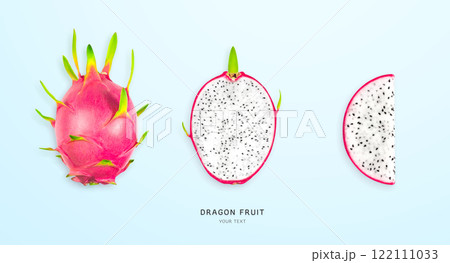 Creative layout made of pitahaya (dragonfruit). Flat lay. Food concept. Pitahaya (dragonfruit) on light blue background.  Fresh organic dragon fruit from the garden. creative summer food concept. 122111033