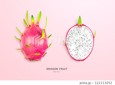Creative layout made of pitahaya (dragonfruit). Flat lay. Food concept. Pitahaya (dragonfruit) on pink background.  Fresh organic dragon fruit from the garden. creative summer food concept. 122111052