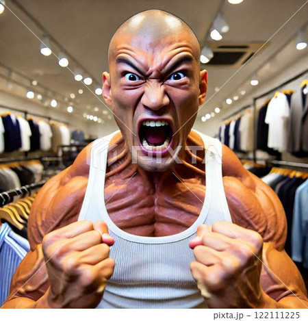 服飾店で怒る筋肉質の日本人男性 服飾店で怒る筋肉質の日本人男性 122111225