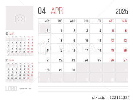 Calendar 2025 planner corporate template design of April month 122111324