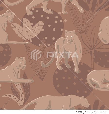 Tropical wallpaper with black Panthers in jungle - seamless background for printing on fabric 122111336