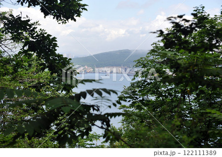 view of the port through the foliage of trees from Russian island in Vladivostok 122111389