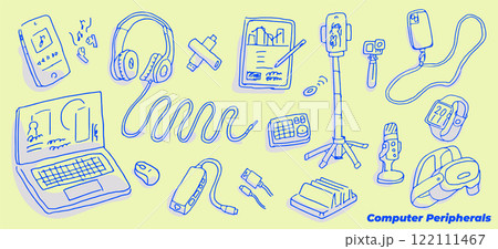 ノートパソコンやイヤホン_パソコン周辺機器の手書きイラストセット 122111467