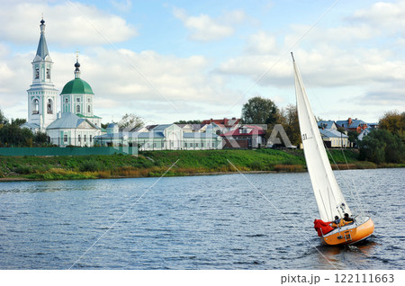 a boat under sail and the Tver city landscape a boat under sail and the Tver city landscape 122111663