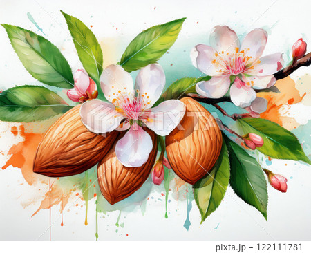 Watercolor painting of almonds blossom 122111781