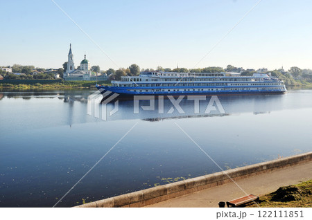 A river ship sails along the Volga River in Tver A river ship sails along the Volga River in Tver 122111851