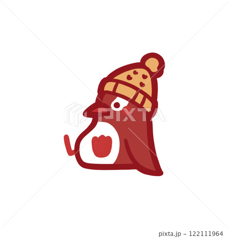 黄色いニット帽をかぶって座っているペンギンのカラーイラスト 122111964