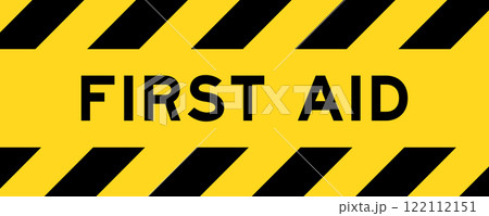 Yellow and black color with line striped label banner with word first aid 122112151