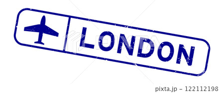 Grunge blue london word with plane icon square rubber seal stamp on white background 122112198