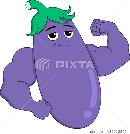 Energetic Cartoon Eggplant Character Flexing Biceps with a Confident Smile Energetic Cartoon Eggplant Character Flexing Biceps with a Confident Smile 122112292