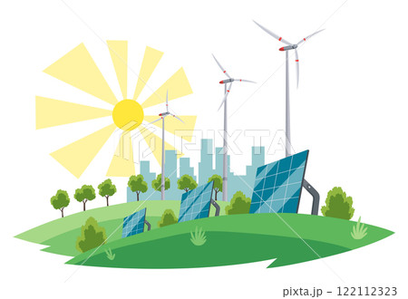 Clean electric energy concept. Renewable electricity resource from solar panels and wind turbines. Ecological change of the future. City skyline and nature landscape on background 122112323