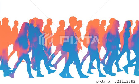 Crowd silhouettes in blue orange colors on a white background. 122112592