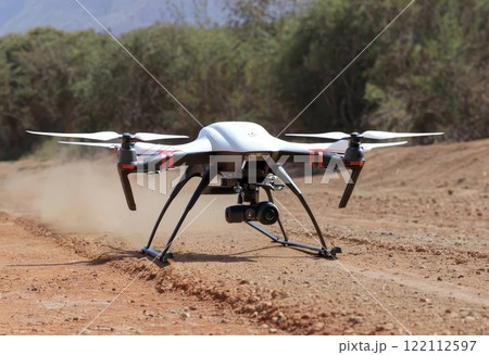 (UAV) drone landing on dirt track. 122112597
