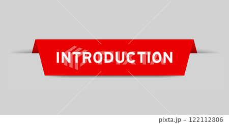 Red color inserted label with word introduction on gray background 122112806