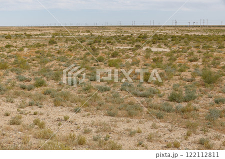 Expansive arid landscape of Mangystau Region reveals diverse vegetation and vast open skies Expansive arid landscape of Mangystau Region reveals diverse vegetation and vast open skies 122112811