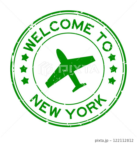 Grunge green welcome to new york with airplane icon round rubber seal stamp on white background Grunge green welcome to new york with airplane icon round rubber seal stamp on white background 122112812