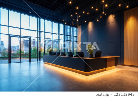 Reception interior with desk, computers in empty lobby with large windows. 122112945