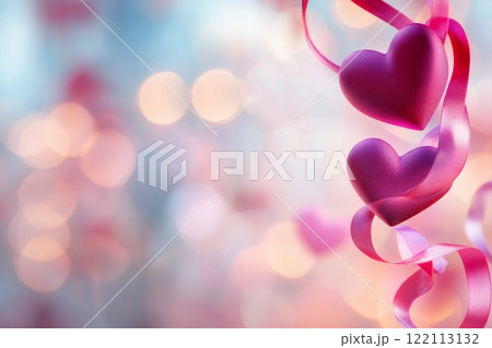 Scene with floating pink hearts and ribbon blurred backdrop. 122113132