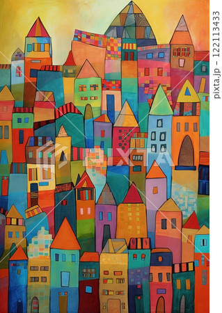 Abstract art colorful houses background. Modern expressionism town painting. Ai generated 122113433
