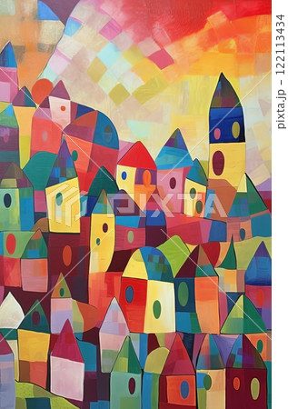 Abstract art colorful background, simple  houses. Modern expressionism town painting. Ai generated 122113434