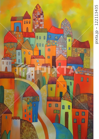 Abstract art colorful background, simple  houses. Modern expressionism town painting. Ai generated 122113435