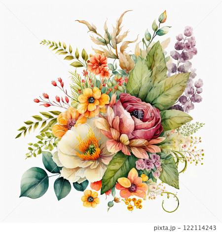 Watercolor colorful flowers bouquet isolated on white background. Botanical illustration. Greeting card, invitation template. 122114243