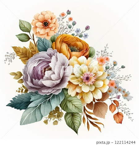 Watercolor colorful flowers bouquet isolated on white background. Botanical illustration. Greeting card, invitation template. 122114244