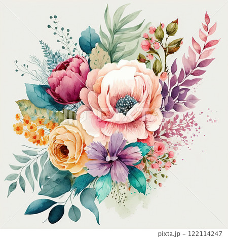 Watercolor colorful flowers bouquet isolated on white background. Wedding invitation. Botanical art print. 122114247