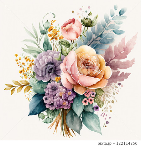 Watercolor colorful flowers bouquet isolated on white background. Wedding invitation. Botanical art print. 122114250