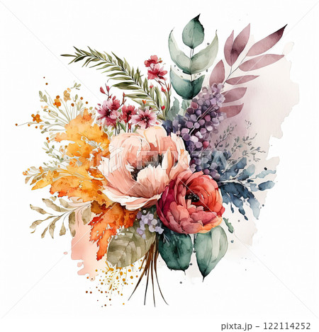 Watercolor colorful flowers bouquet isolated on white background. Wedding invitation. Botanical art print. 122114252