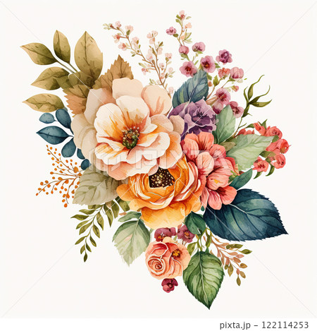 Watercolor colorful flowers bouquet isolated on white background. Wedding invitation. Botanical art print. 122114253
