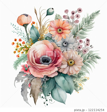 Watercolor colorful flowers bouquet isolated on white background. Botanical illustration. Greeting card, invitation template. 122114254