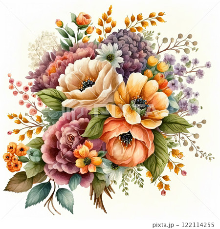 Watercolor colorful flowers bouquet isolated on white background. Botanical illustration. Greeting card, invitation template. 122114255