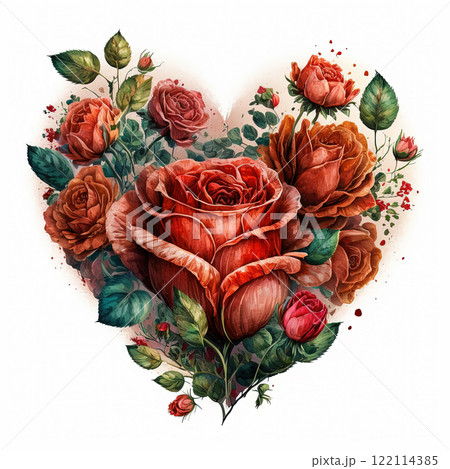 Watercolor illustration heart made of roses. Valentines day card. Red flowers bouquet clipart isolated on white background. 122114385