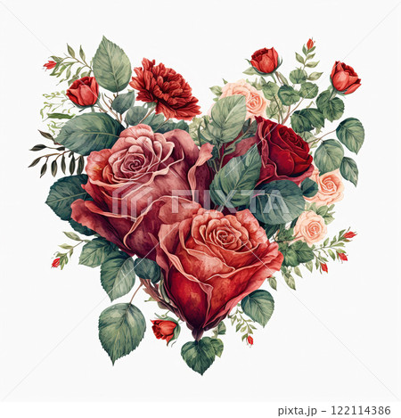 Watercolor illustration heart made of roses. Valentines day card. Red flowers bouquet clipart isolated on white background. 122114386