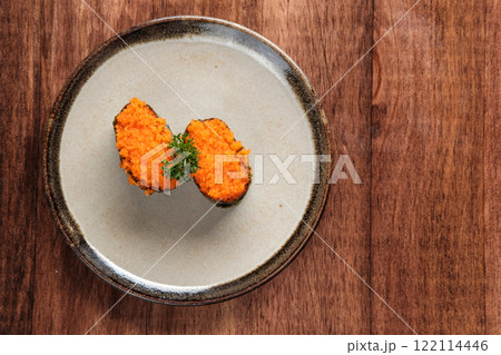 Shrimp Roe Gunkan Sushi Served on a Plate Shrimp Roe Gunkan Sushi Served on a Plate 122114446