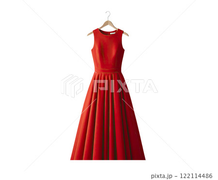 Fashionable red cocktail dress hanging on a hanger on a white background. Fashion concept, Valentine's Day 122114486
