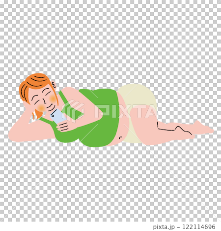 肥胖婦女躺著操作手機 肥胖婦女躺著操作手機 122114696