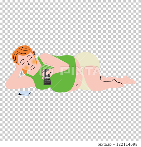 肥満の女性が横になってリモコンを操作する 肥満の女性が横になってリモコンを操作する 122114698