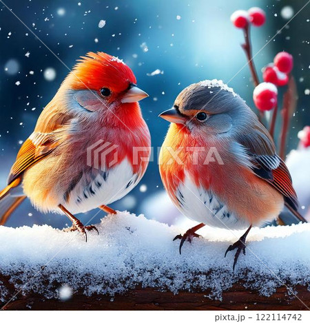 雪の中、枝にとまる茶色い2羽の小鳥 122114742